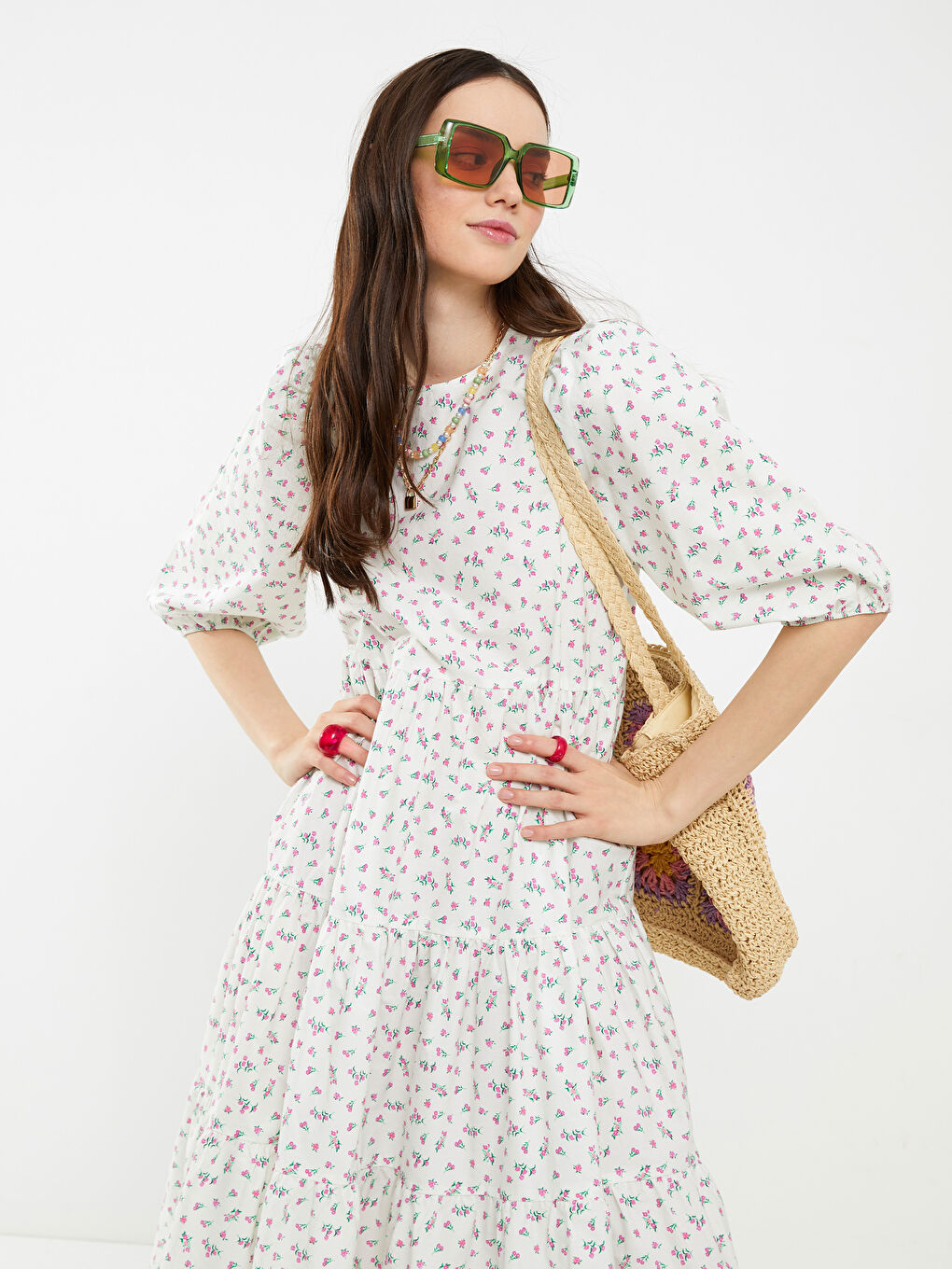 Crew Neck Floral Short Sleeve Women's Poplin Dress-2