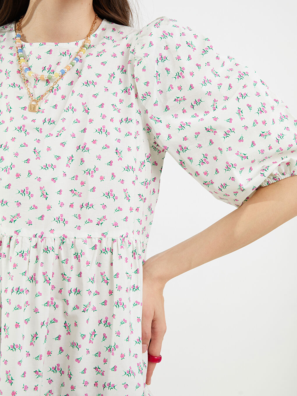 Crew Neck Floral Short Sleeve Women's Poplin Dress-3