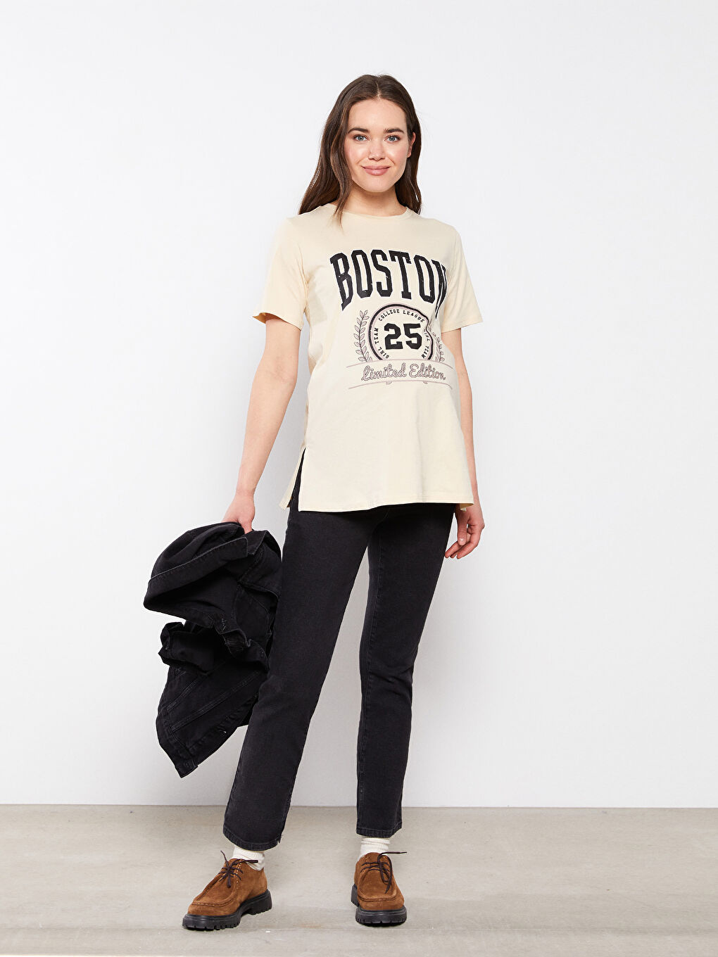 Bej Bisiklet Yaka Baskılı Kısa Kollu Pamuklu Hamile Tişört-2