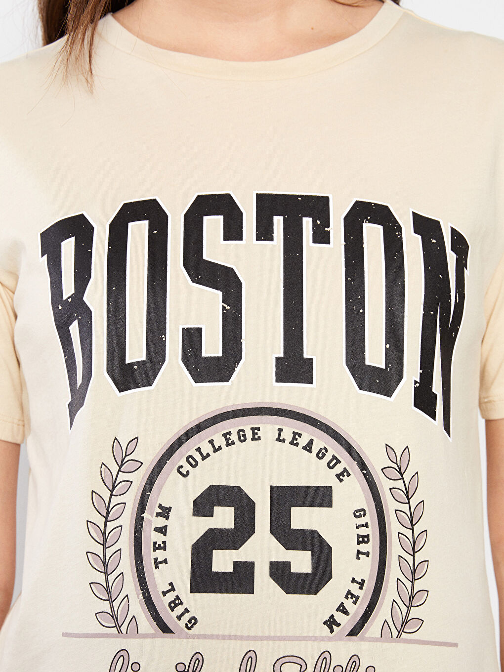 Bej Bisiklet Yaka Baskılı Kısa Kollu Pamuklu Hamile Tişört-3