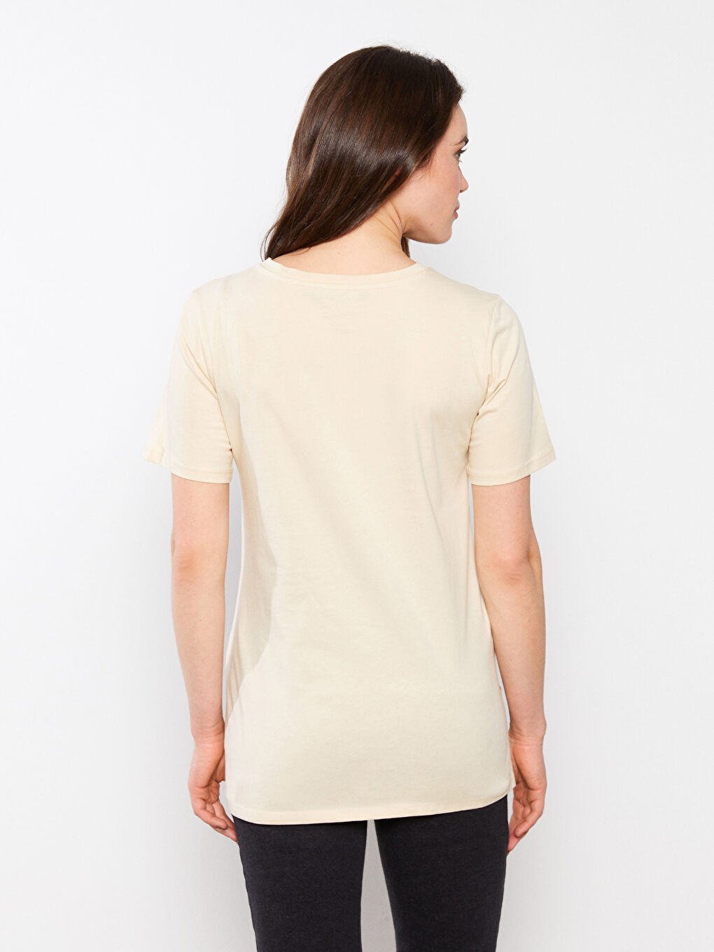 Bej Bisiklet Yaka Baskılı Kısa Kollu Pamuklu Hamile Tişört-4