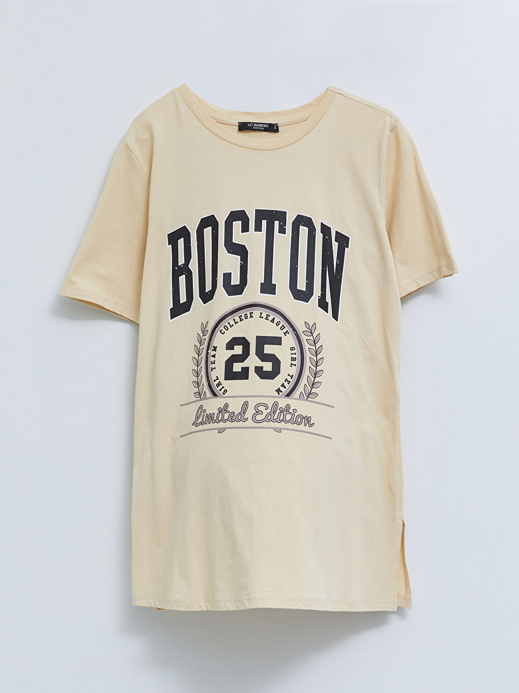 Bej Bisiklet Yaka Baskılı Kısa Kollu Pamuklu Hamile Tişört-5