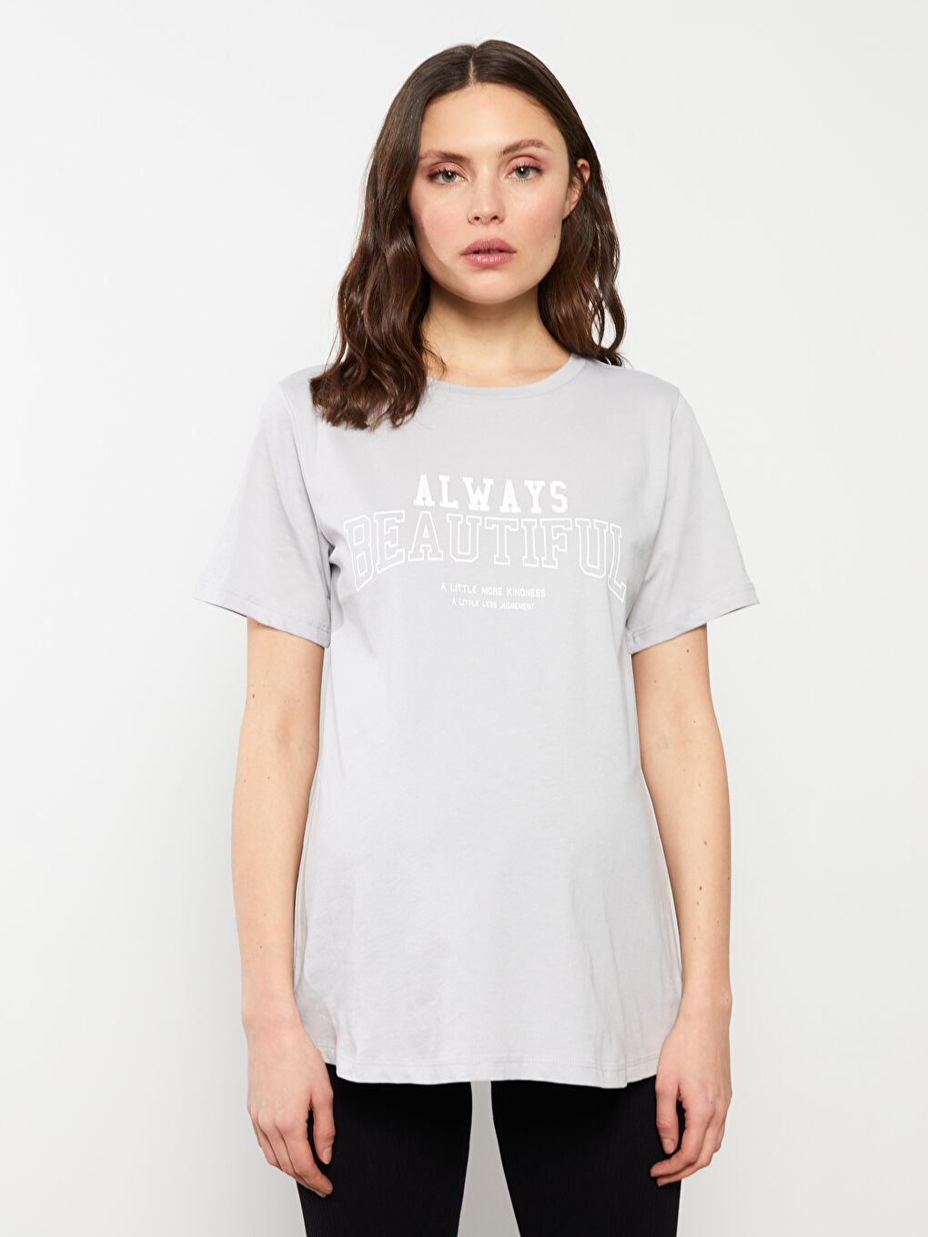 Gri Bisiklet Yaka Yazı Baskılı Kısa Kollu Pamuklu Hamile Tişört