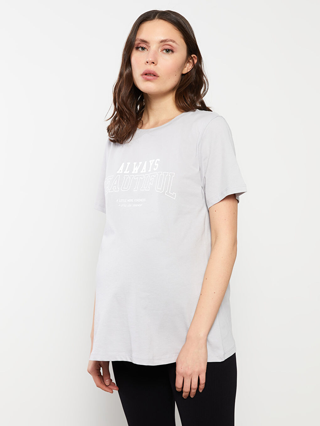 Gri Bisiklet Yaka Yazı Baskılı Kısa Kollu Pamuklu Hamile Tişört-1