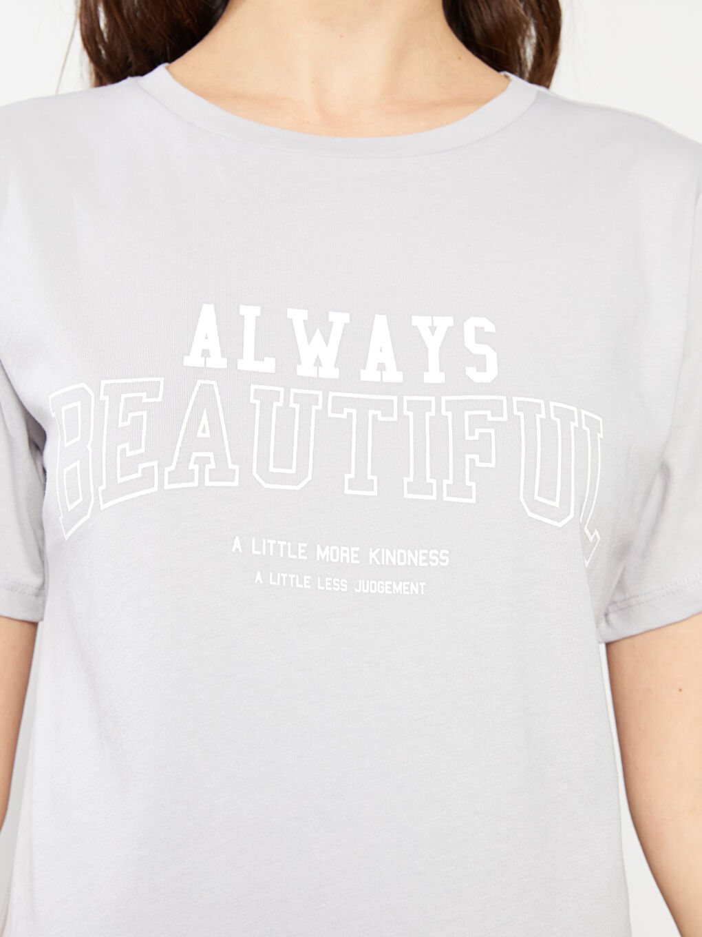 Gri Bisiklet Yaka Yazı Baskılı Kısa Kollu Pamuklu Hamile Tişört-3