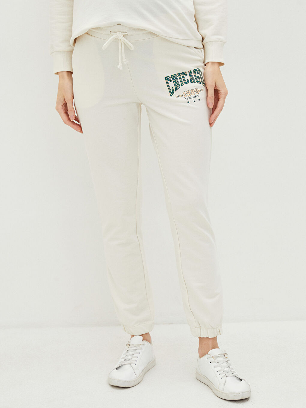 Bej Beli Lastikli Baskılı Hamile Jogger Eşofman Altı-1