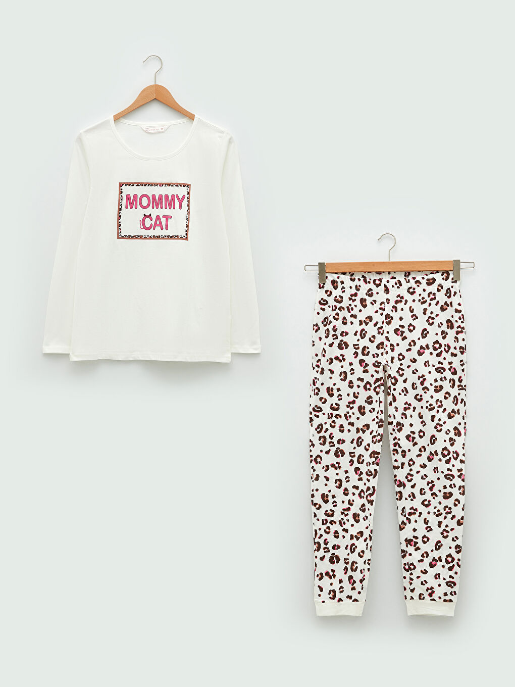 Set de pijama din bumbac cu mânecă lungă imprimată și guler rotund pentru femei-5