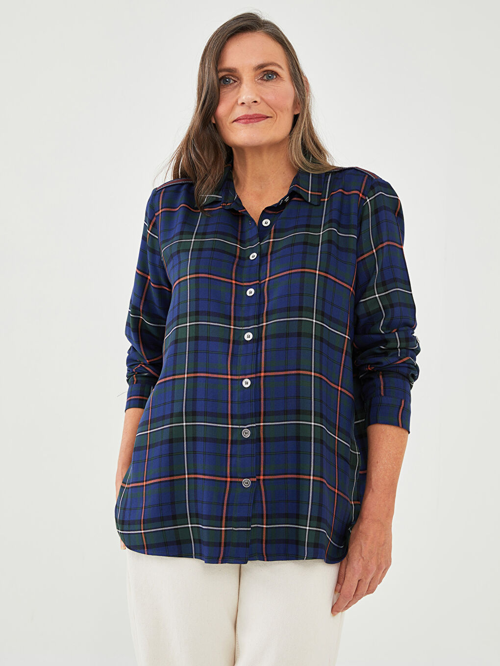 Buttoned Plaid Long Sleeve Viscose Women's Shirt