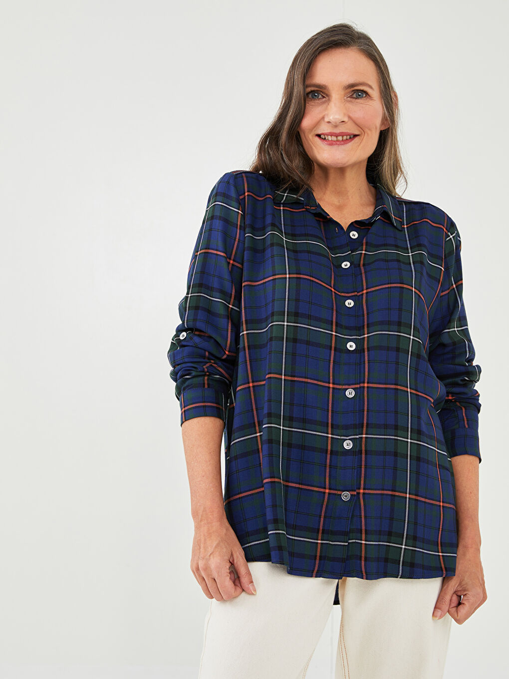 Buttoned Plaid Long Sleeve Viscose Women's Shirt-1