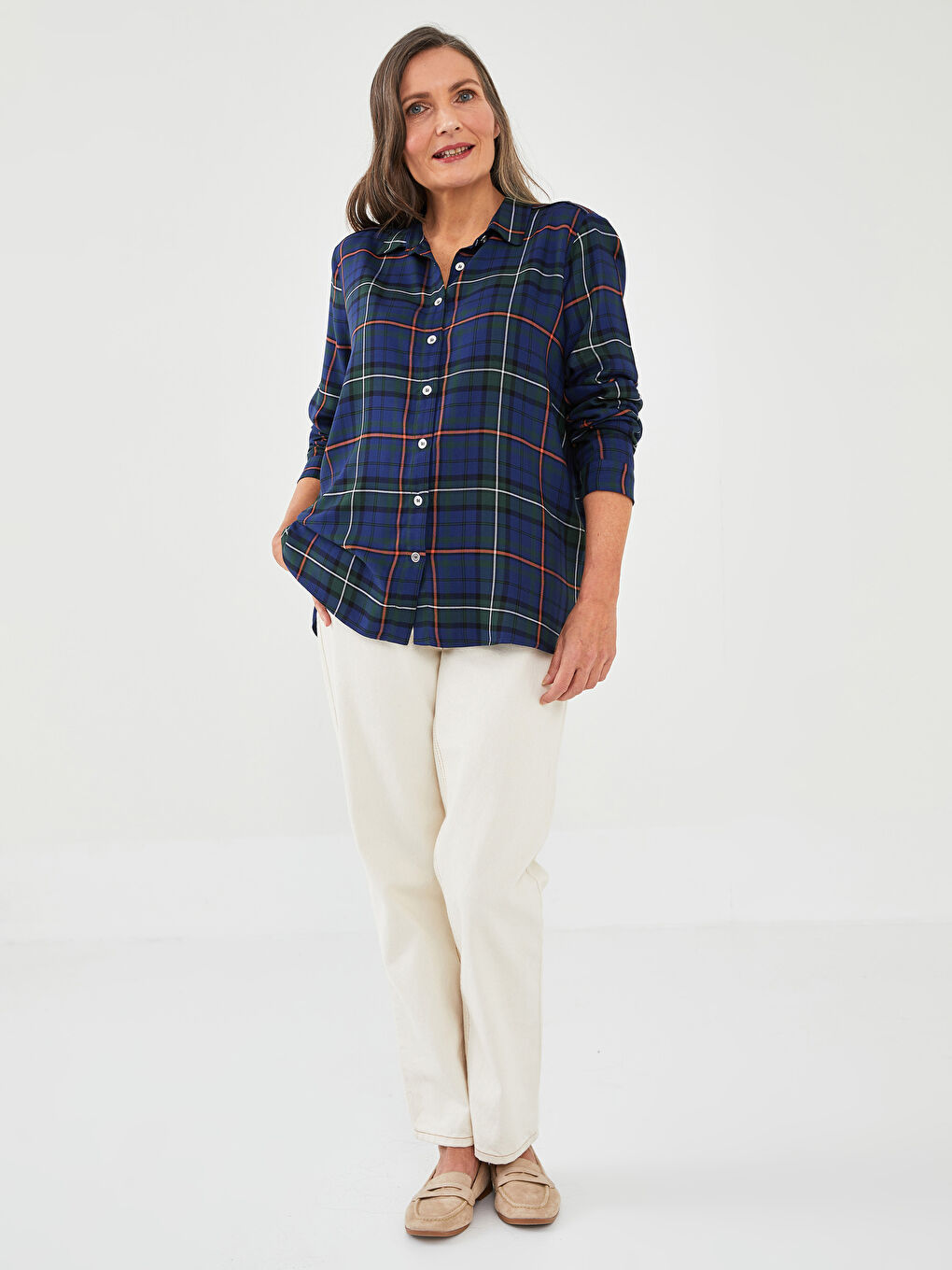 Buttoned Plaid Long Sleeve Viscose Women's Shirt-2