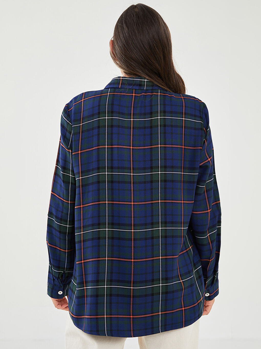 Buttoned Plaid Long Sleeve Viscose Women's Shirt-4