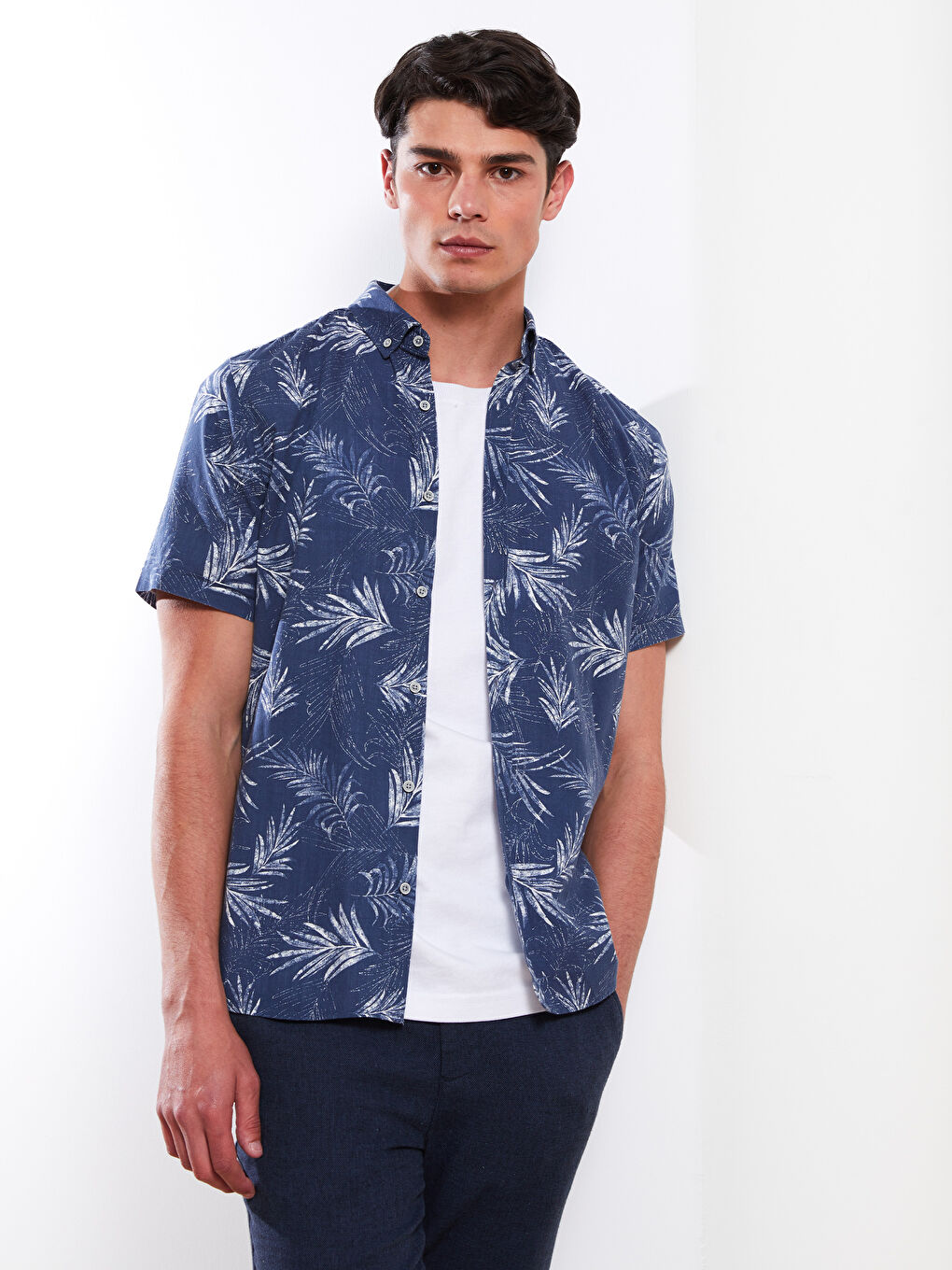 Slim Fit Short Sleeve Patterned Poplin Men's Shirt -S2FN69Z8-LS4