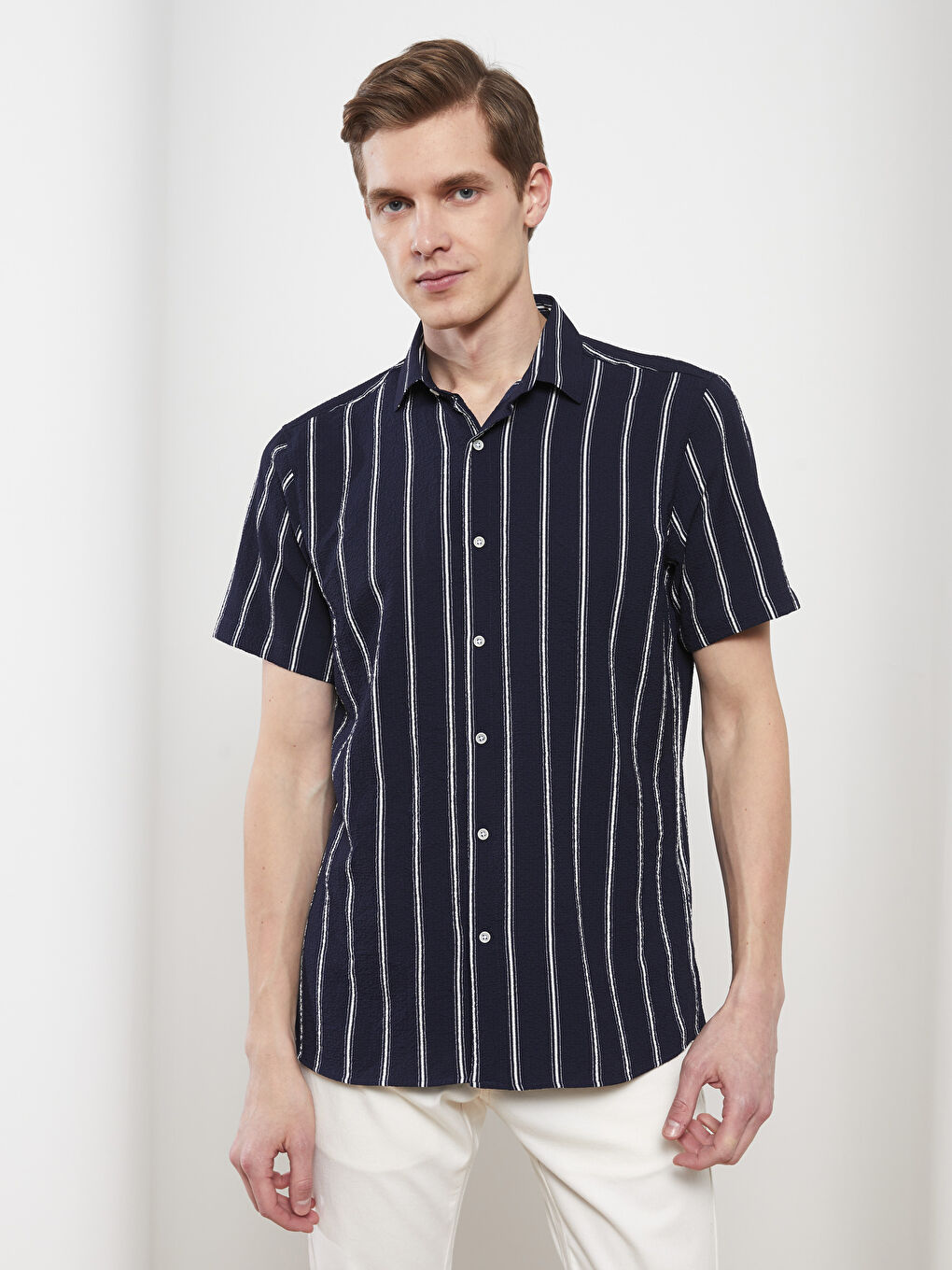Lacivert Regular Fit Kısa Kollu Çizgili Erkek Gömlek