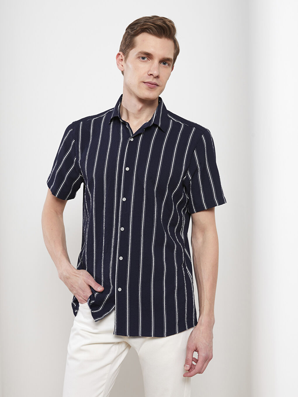 Lacivert Regular Fit Kısa Kollu Çizgili Erkek Gömlek-1