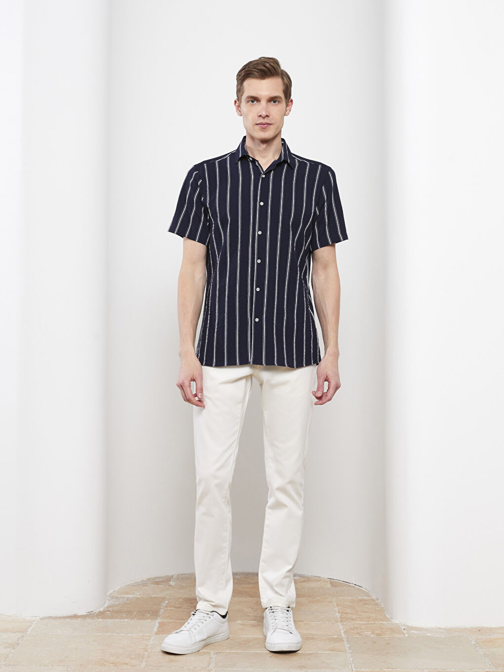 Lacivert Regular Fit Kısa Kollu Çizgili Erkek Gömlek-2