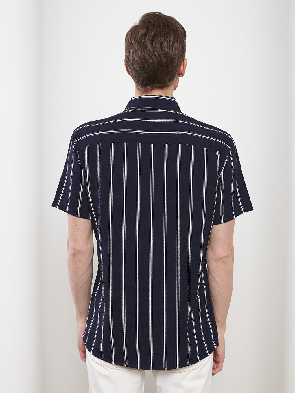 Lacivert Regular Fit Kısa Kollu Çizgili Erkek Gömlek-3