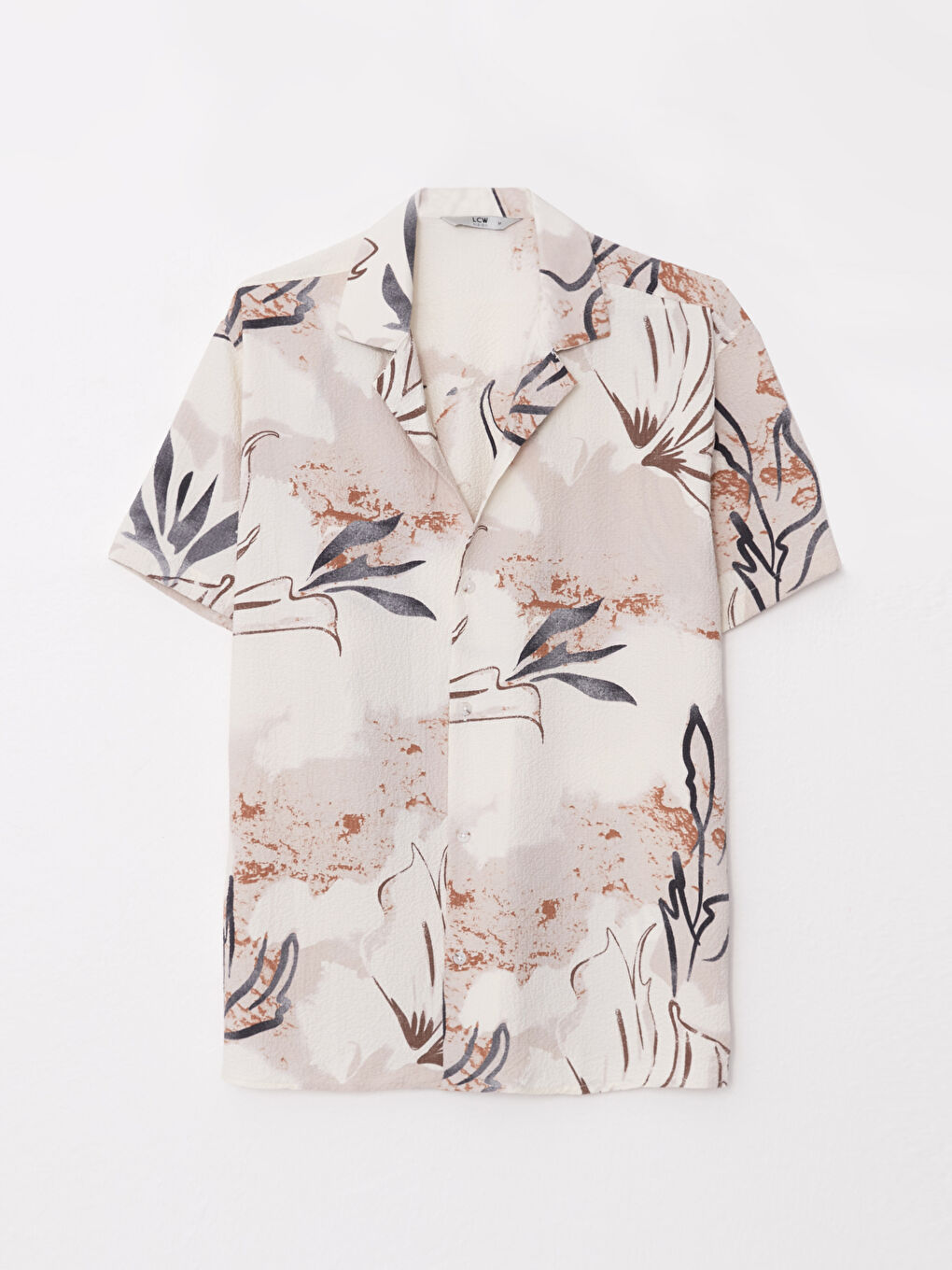 Bej Slim Fit Resort Yaka Kısa Kollu Desenli Erkek Gömlek-5