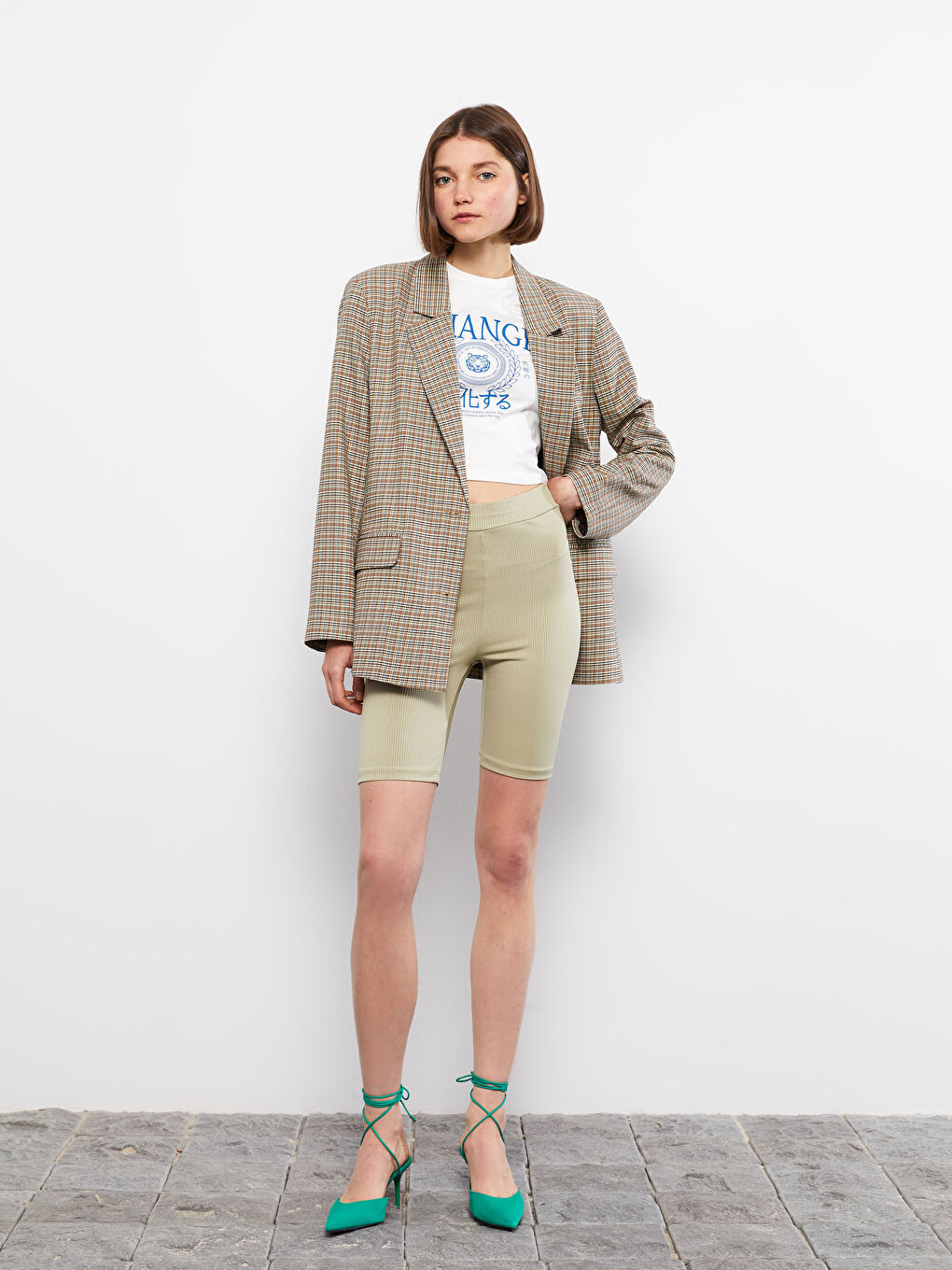 Yeşil Kadın Beli Lastikli Düz Biker Şort Tayt