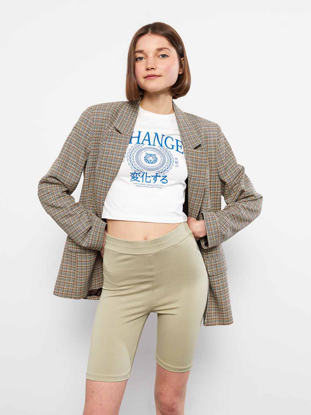 Yeşil Kadın Beli Lastikli Düz Biker Şort Tayt-1