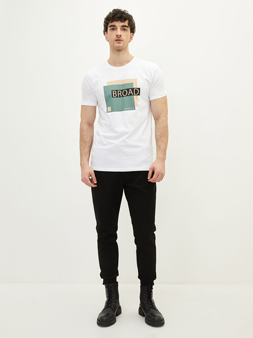 Beyaz Bisiklet Yaka Kısa Kollu Baskılı Penye Erkek Tişört-4