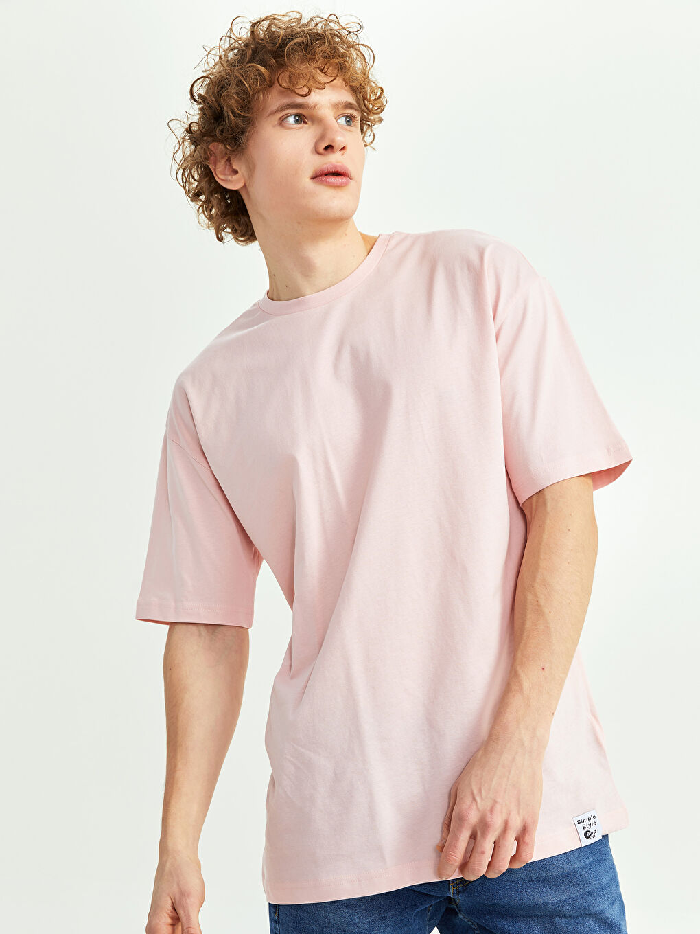 Pembe Oversize Bisiklet Yaka Kısa Kollu Penye Erkek Tişört