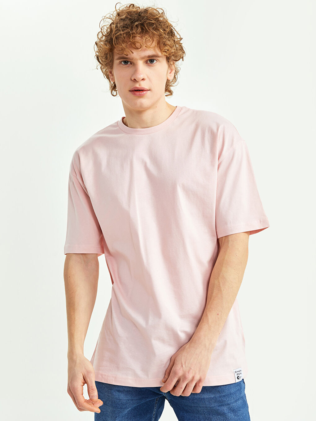 Pembe Oversize Bisiklet Yaka Kısa Kollu Penye Erkek Tişört-1