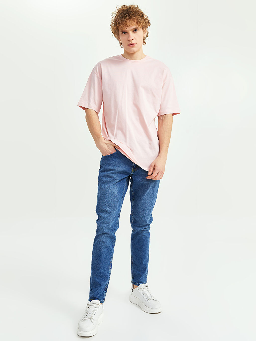 Pembe Oversize Bisiklet Yaka Kısa Kollu Penye Erkek Tişört-3