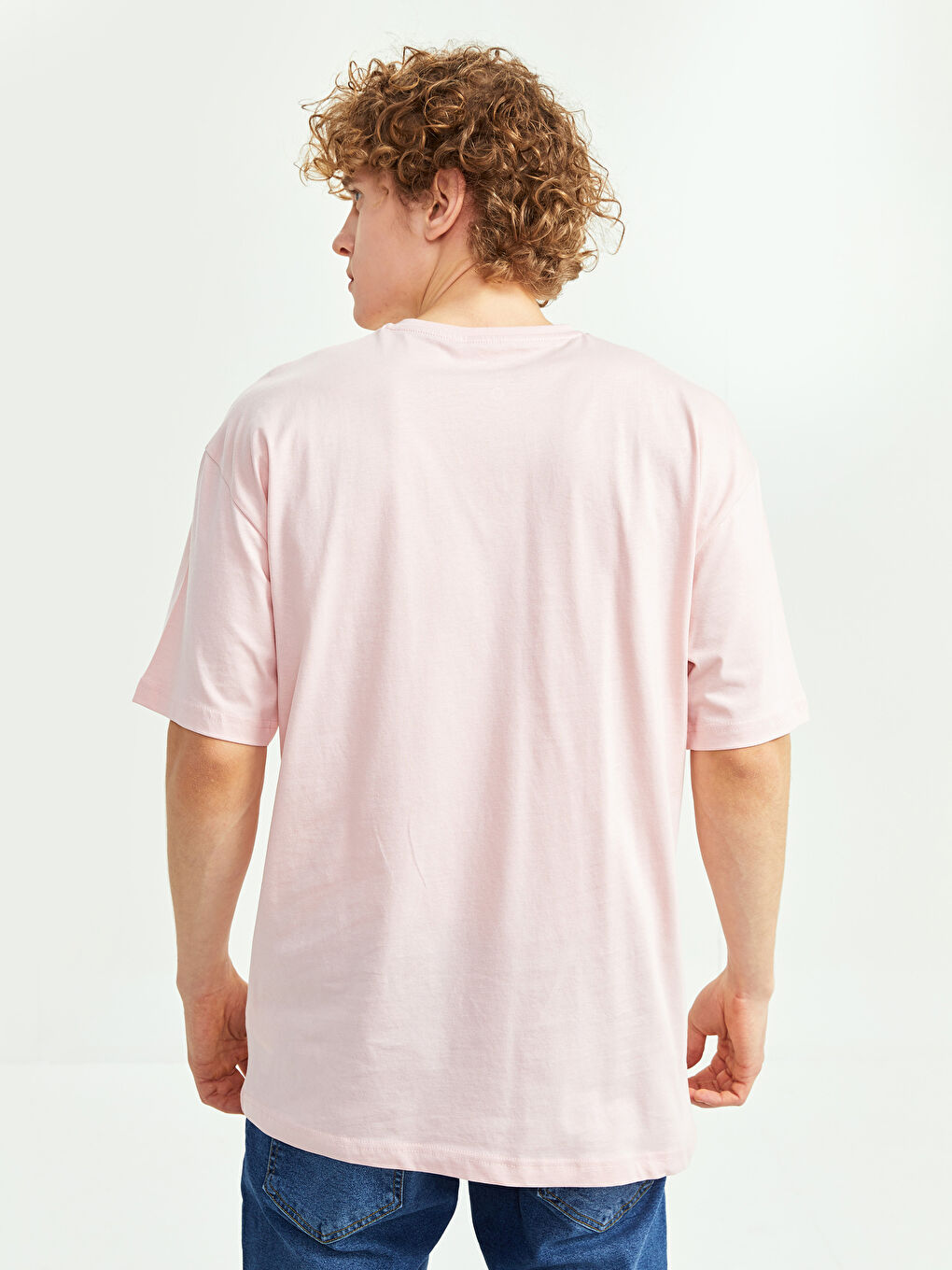 Pembe Oversize Bisiklet Yaka Kısa Kollu Penye Erkek Tişört-4