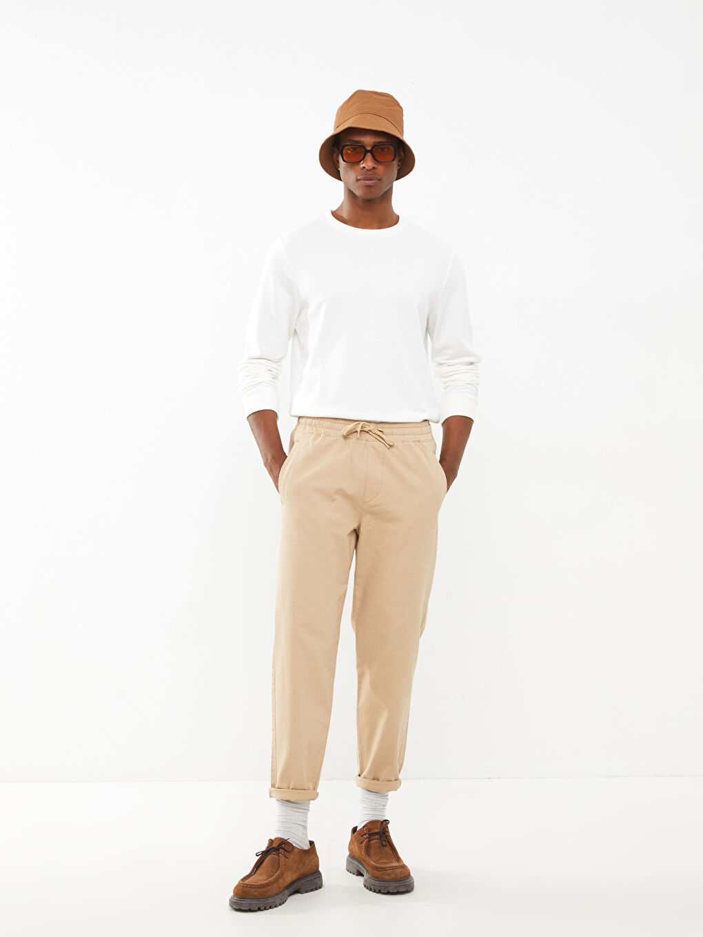 Bej Standart Kalıp Keten Görünümlü Erkek Pantolon-1