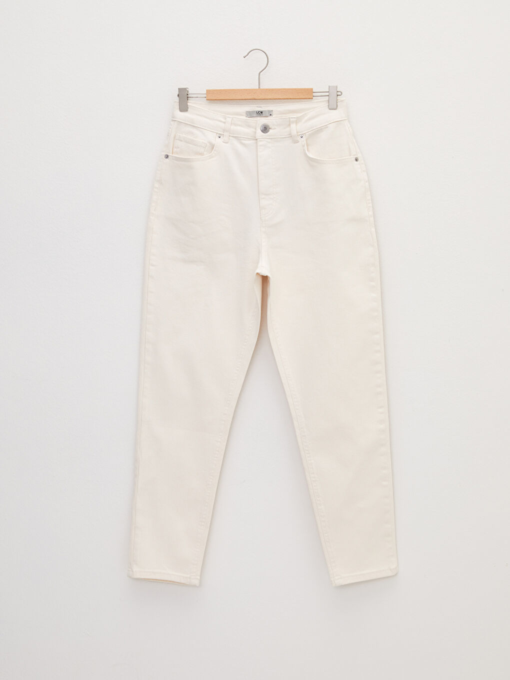 Ekru Yüksek Bel Standart Fit Düz Cep Detaylı Kadın Jean Pantolon-5