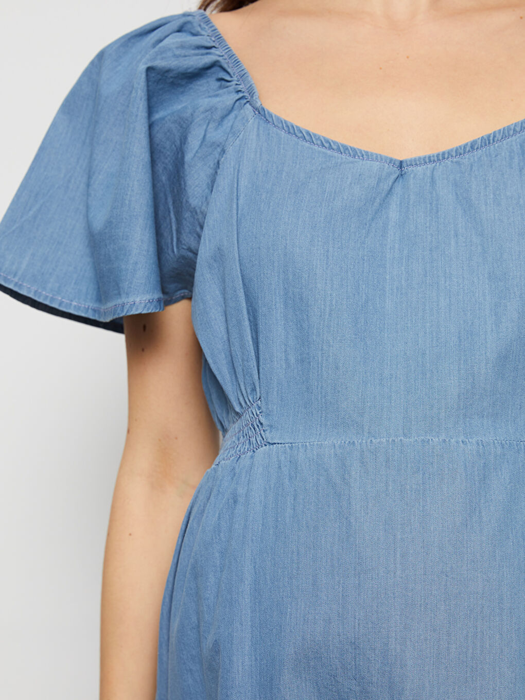 Sweetheart Collar Straight Short Sleeve Maternity Rodeo Jean Dress -S2FP04Z8-507