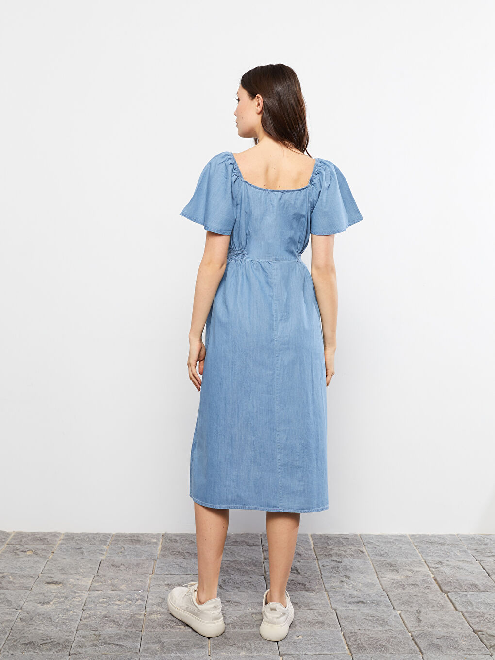 Sweetheart Collar Straight Short Sleeve Maternity Rodeo Jean Dress -S2FP04Z8-507