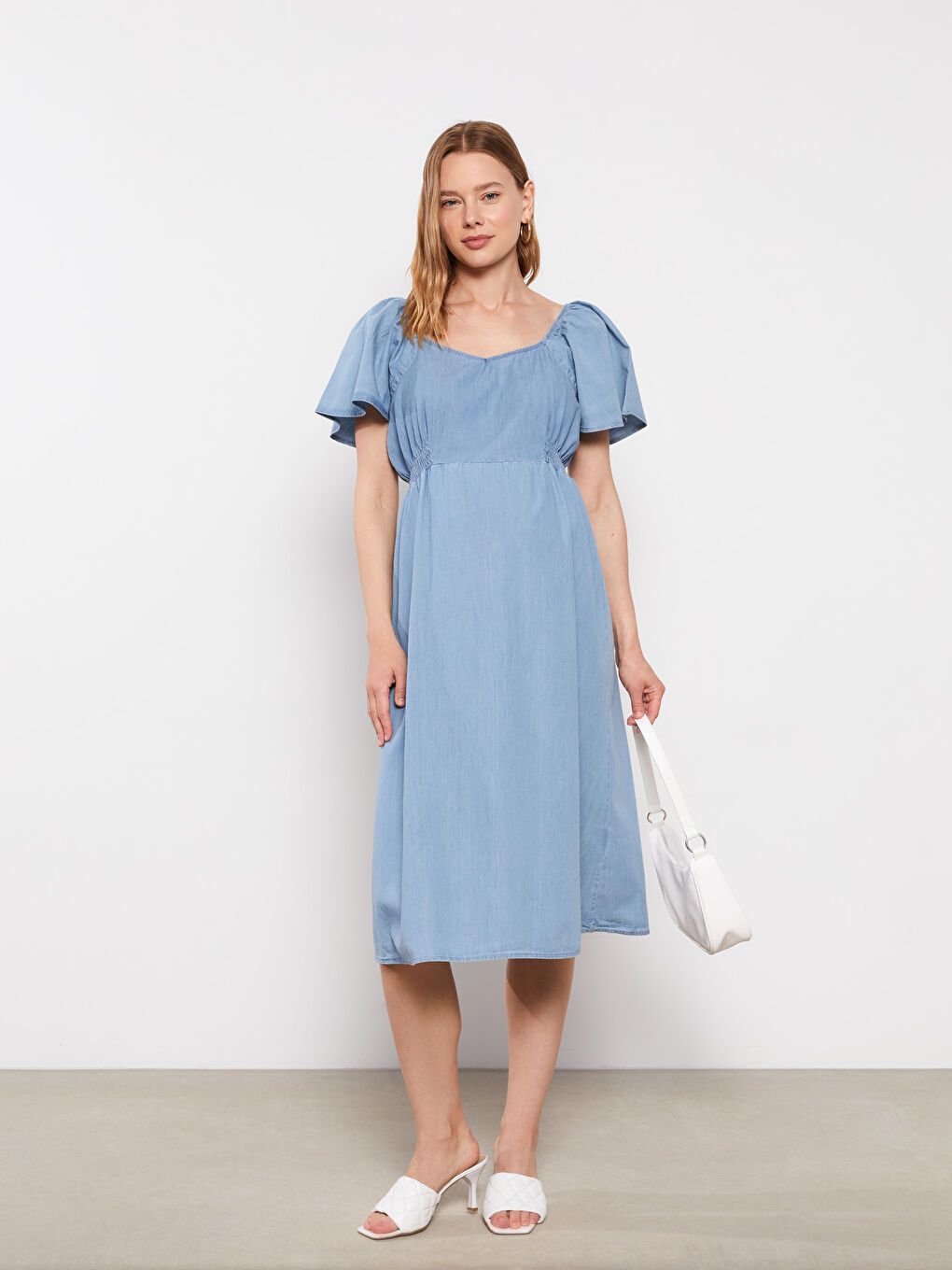 Sweetheart Collar Straight Short Sleeve Maternity Rodeo Jean Dress -S2FP04Z8-507