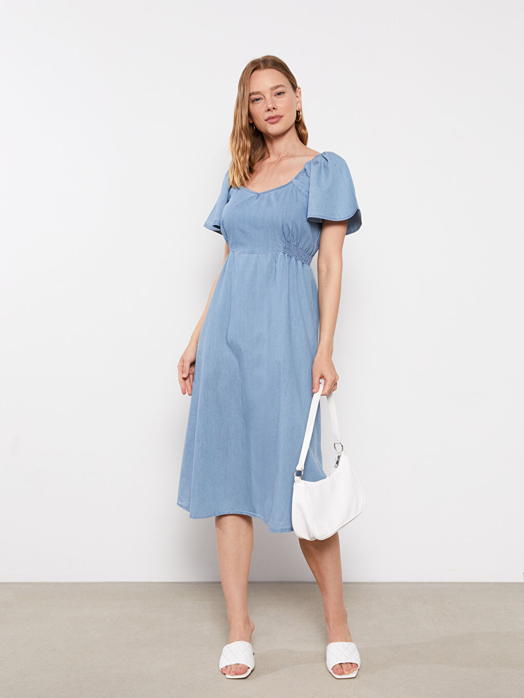 Sweetheart Collar Straight Short Sleeve Maternity Rodeo Jean Dress -S2FP04Z8-507