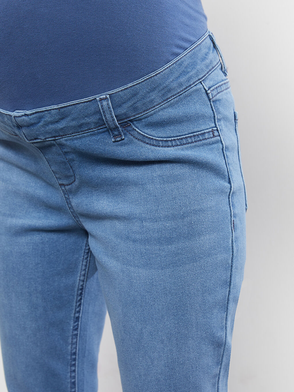 İndigo Karın Panelli Wideleg Düz Cep Detaylı Hamile Rodeo Jean Pantolon-5