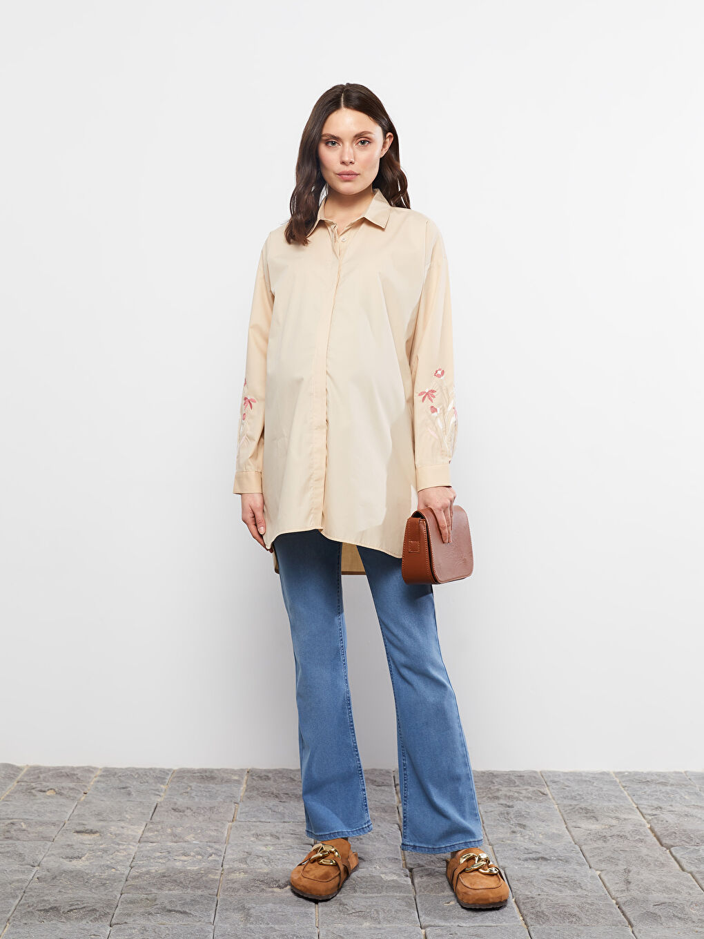 İndigo Karın Panelli Wideleg Düz Cep Detaylı Hamile Rodeo Jean Pantolon