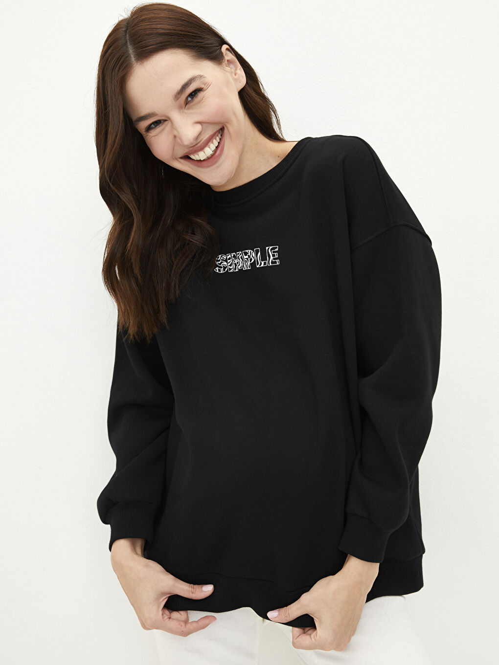 LCWAIKIKI Maternity Yeni Siyah Bisiklet Yaka Yazı Baskılı Uzun Kollu Hamile Sweatshirt - 1