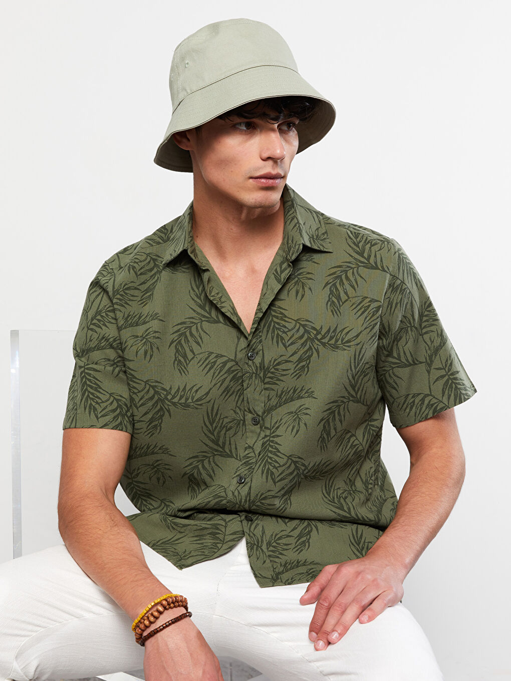 Haki Regular Fit Kısa Kollu Desenli Poplin Erkek Gömlek-2