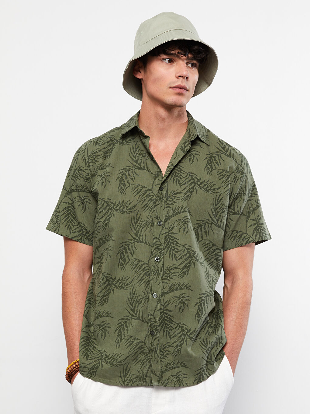 Haki Regular Fit Kısa Kollu Desenli Poplin Erkek Gömlek-3