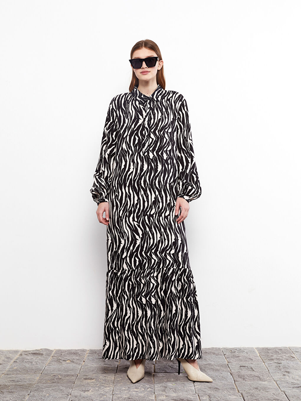 Siyah Gömlek Yaka Desenli Uzun Kollu Viskon Kadın Elbise