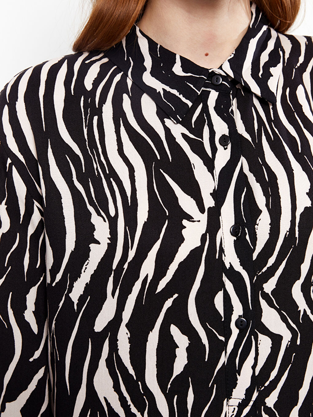 Siyah Gömlek Yaka Desenli Uzun Kollu Viskon Kadın Elbise-3