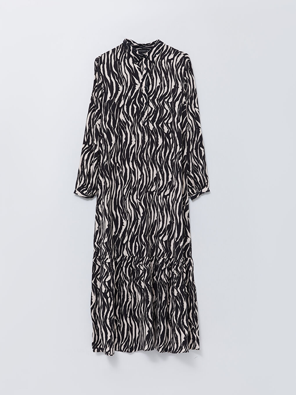 Siyah Gömlek Yaka Desenli Uzun Kollu Viskon Kadın Elbise-5