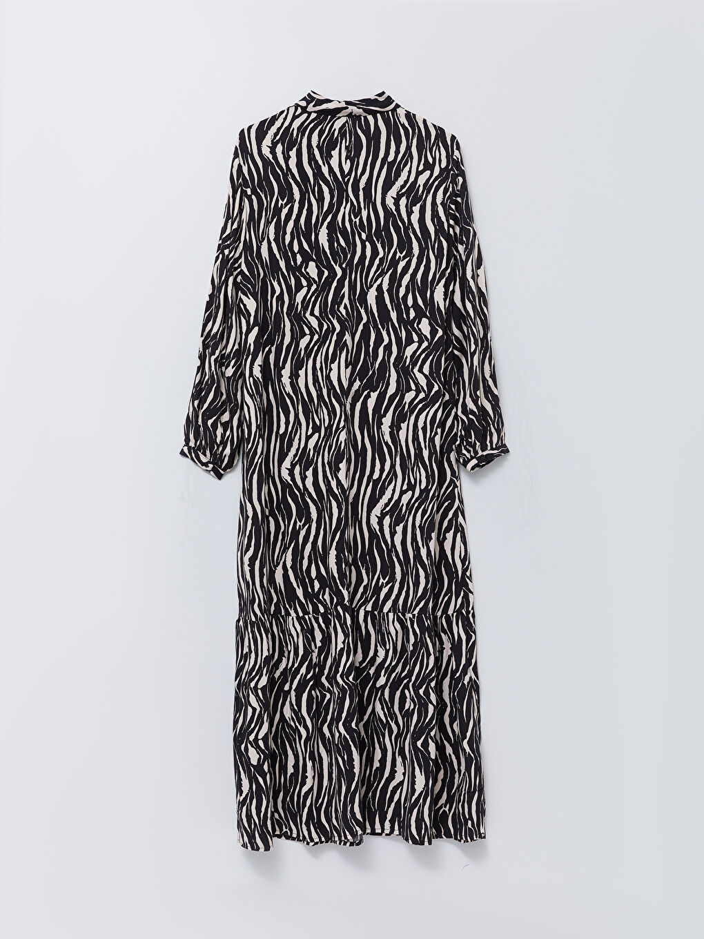 Siyah Gömlek Yaka Desenli Uzun Kollu Viskon Kadın Elbise-6