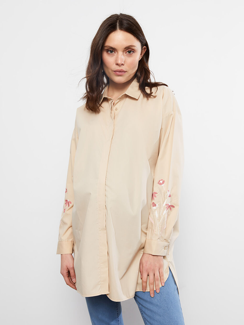 Bej Nakışlı Uzun Kollu Poplin Hamile Gömlek Tunik