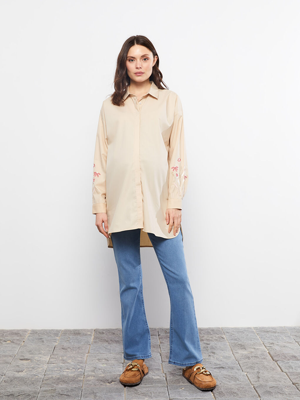 Bej Nakışlı Uzun Kollu Poplin Hamile Gömlek Tunik-1