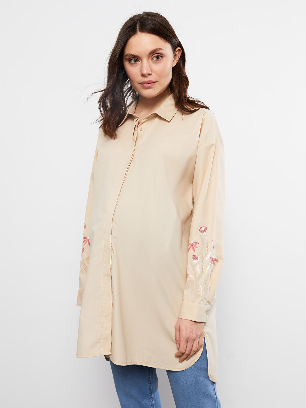 Bej Nakışlı Uzun Kollu Poplin Hamile Gömlek Tunik-2