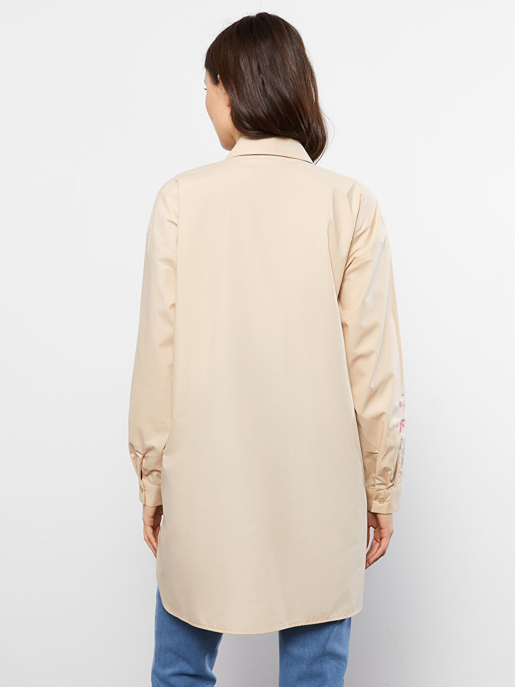 Bej Nakışlı Uzun Kollu Poplin Hamile Gömlek Tunik-4