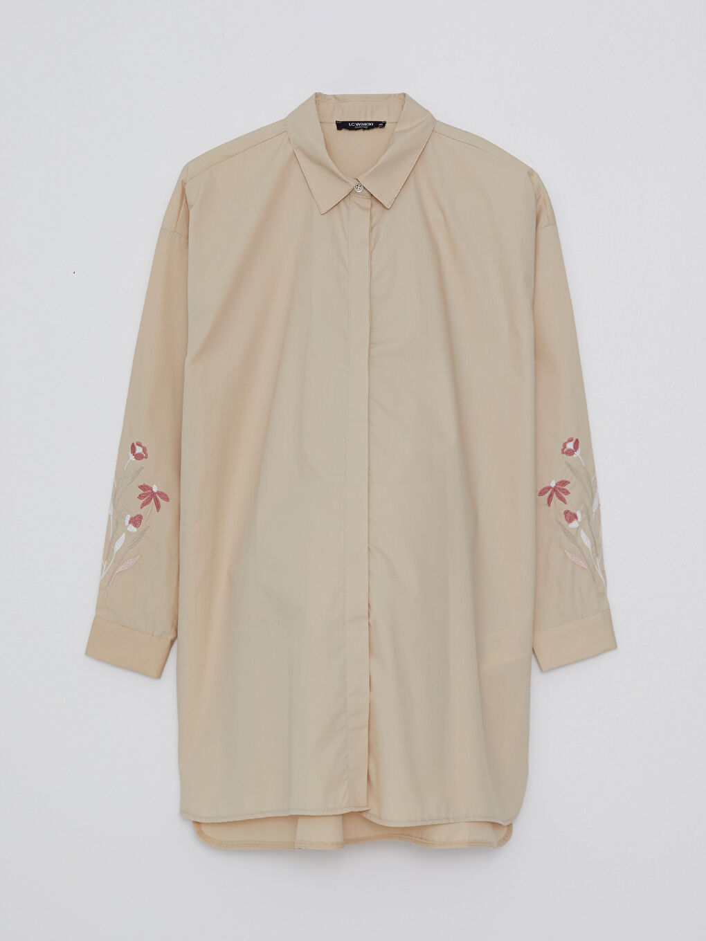 Bej Nakışlı Uzun Kollu Poplin Hamile Gömlek Tunik-5