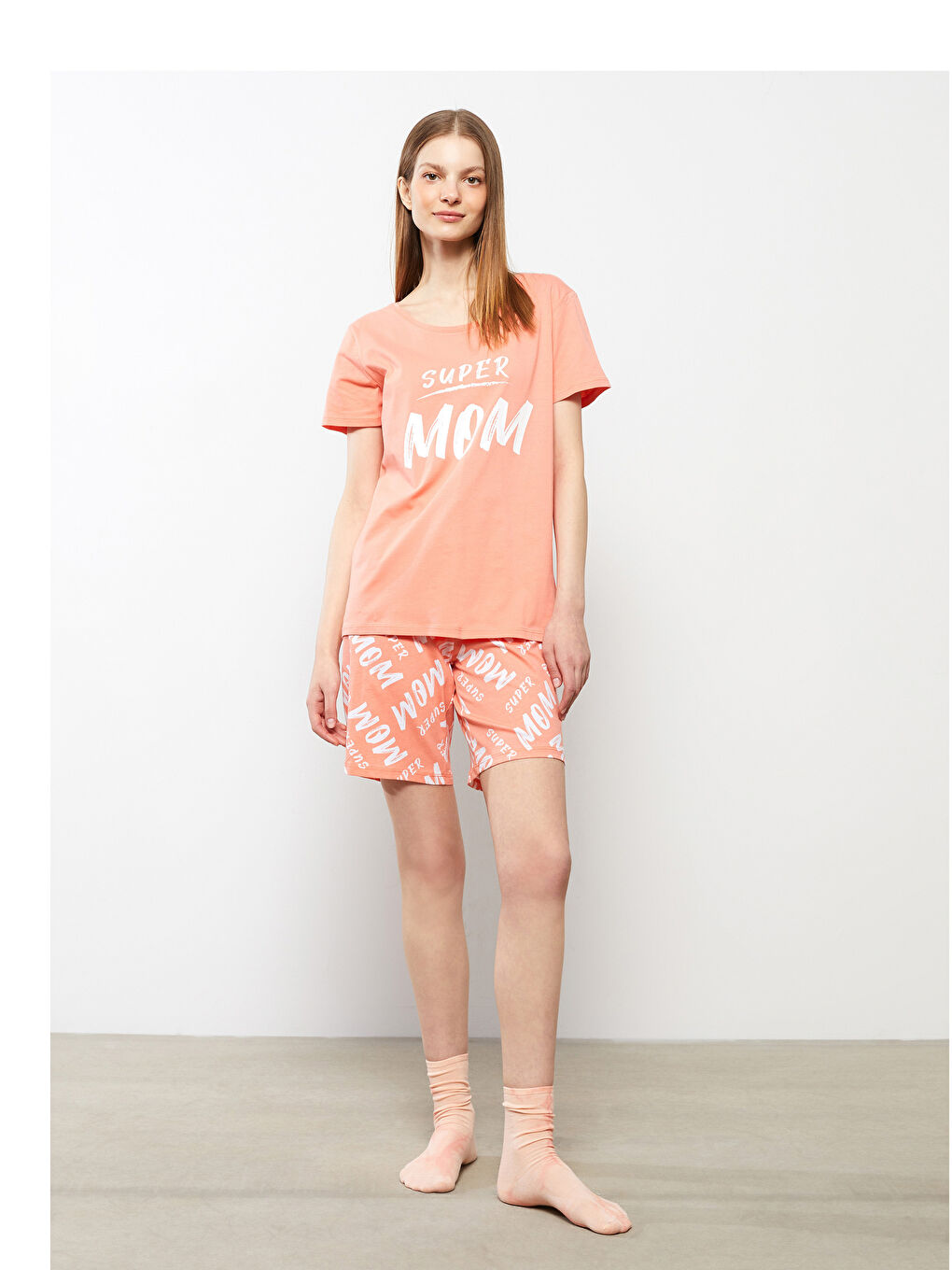 Mercan Bisiklet Yaka Baskılı Kısa Kollu Kadın Pijama Takımı