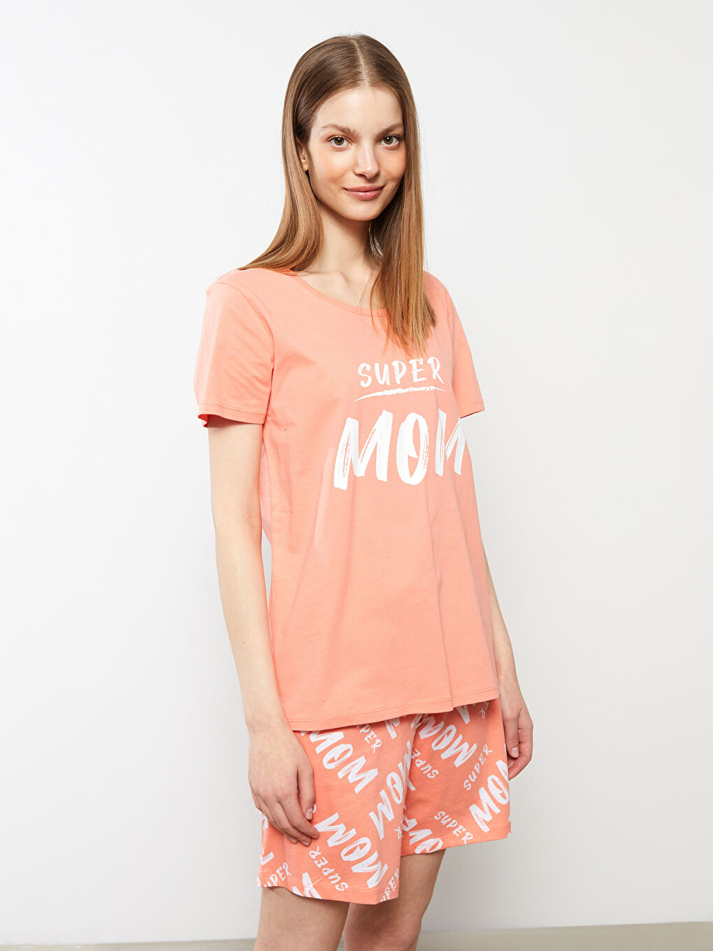 Mercan Bisiklet Yaka Baskılı Kısa Kollu Kadın Pijama Takımı-1